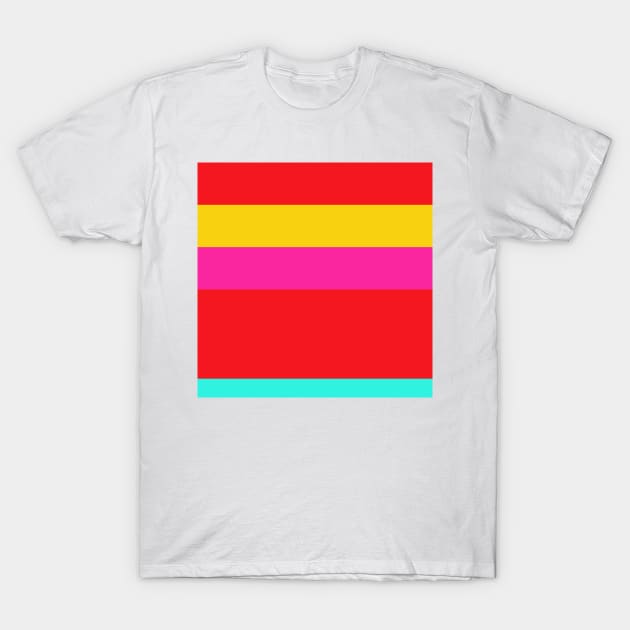A capital fuse of Red (Pigment), Barbie Pink, Golden Yellow and Bright Light Blue stripes. T-Shirt by Sociable Stripes